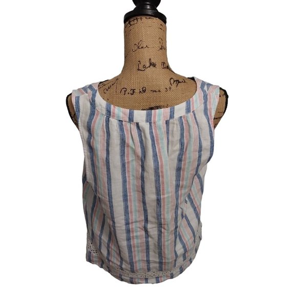 Crown & Ivy 100% Linen Striped Sleeveless Lace Trim V Neck Shirt Women's Medium - Picture 2 of 11